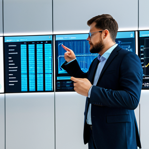 Home 4 A professional energy manager, fully clothed in a modest business suit, standing in a sophisticated control room of a smart building. Large transparent screens display intricate real-time energy data visualizations, including dynamic graphs, charts, and flow diagrams, indicating electricity consumption, temperature, and occupancy from IoT sensors throughout the building. The manager is observing the data with a focused expression, gesturing towards a section of the screen, illustrating insightful analysis. The setting is modern and clean, with subtle glowing accents from the technology. The image emphasizes high-tech energy management and efficiency. perfect anatomy, correct proportions, natural pose, well-formed hands, proper finger count, natural body proportions, professional photography, high quality, safe for work, appropriate content, fully clothed, professional dress, appropriate attire, professional.